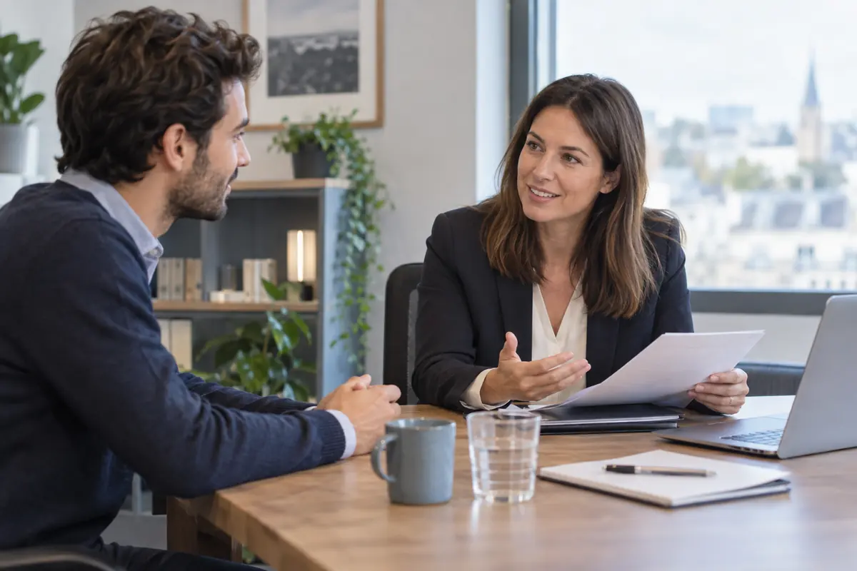 Deux personnes discutent des conditions d’une proposition professionnelle.