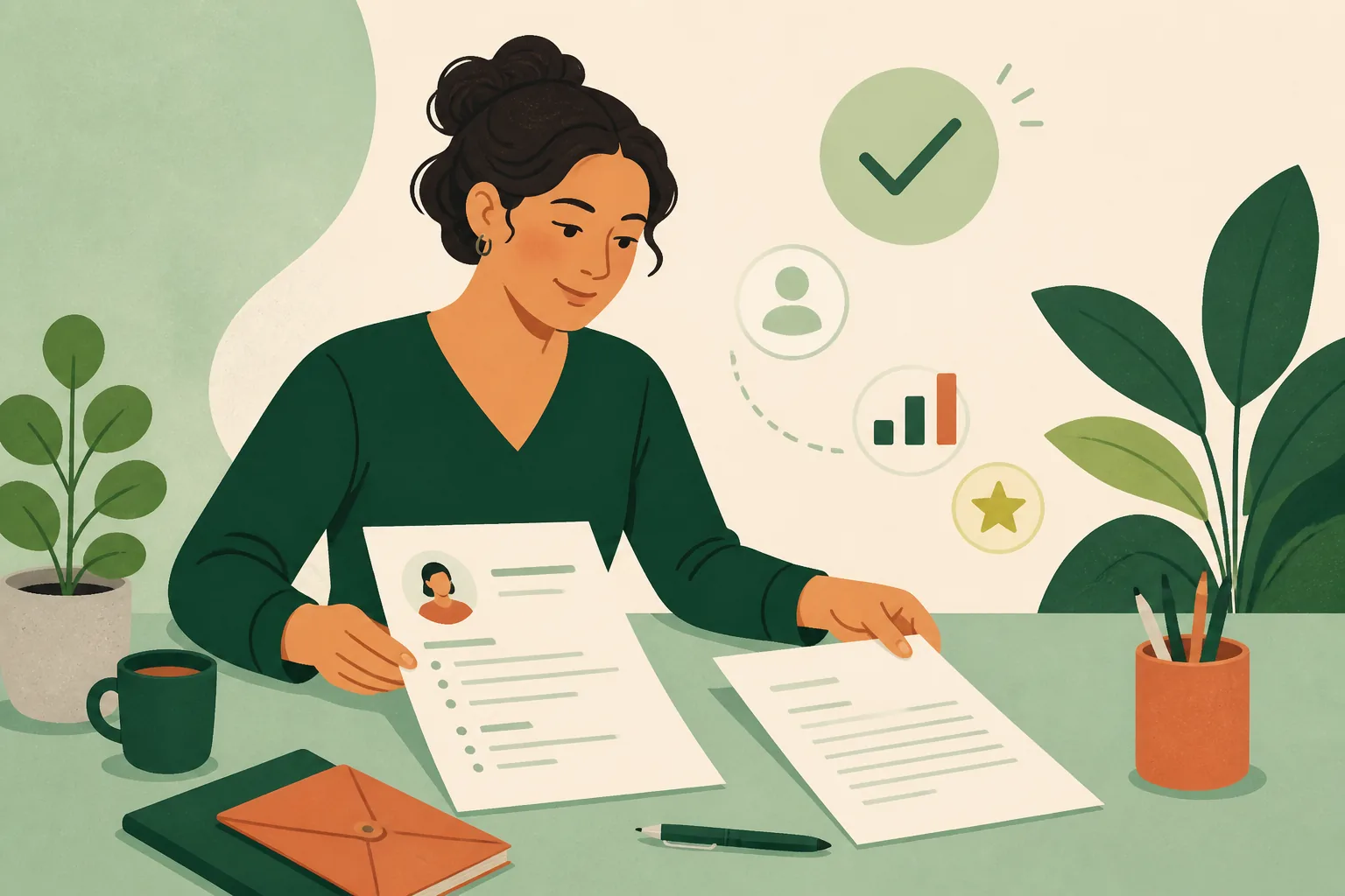 Une candidate prépare son CV et sa lettre de motivation