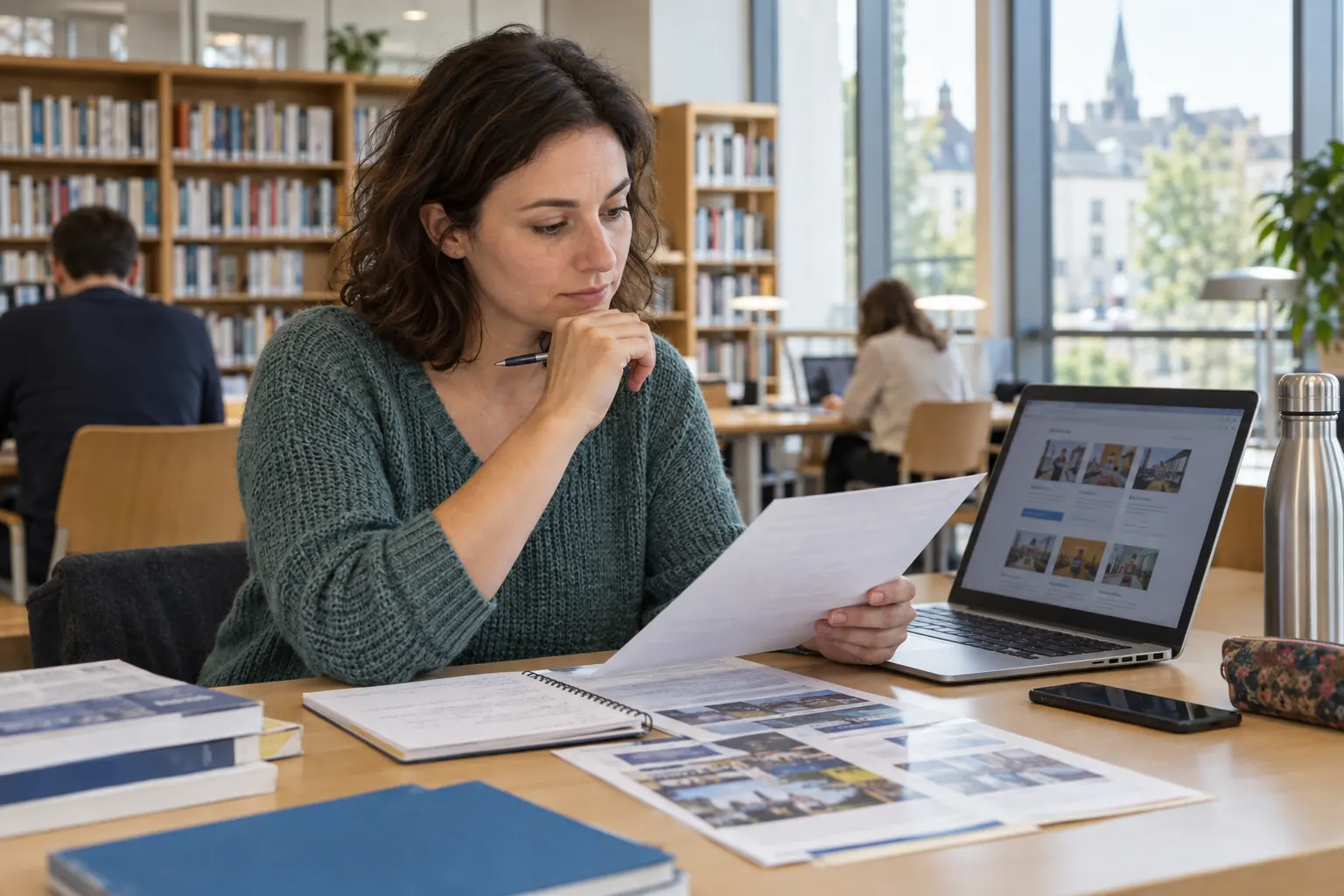 Une adulte compare plusieurs formations professionnelles dans une bibliothèque