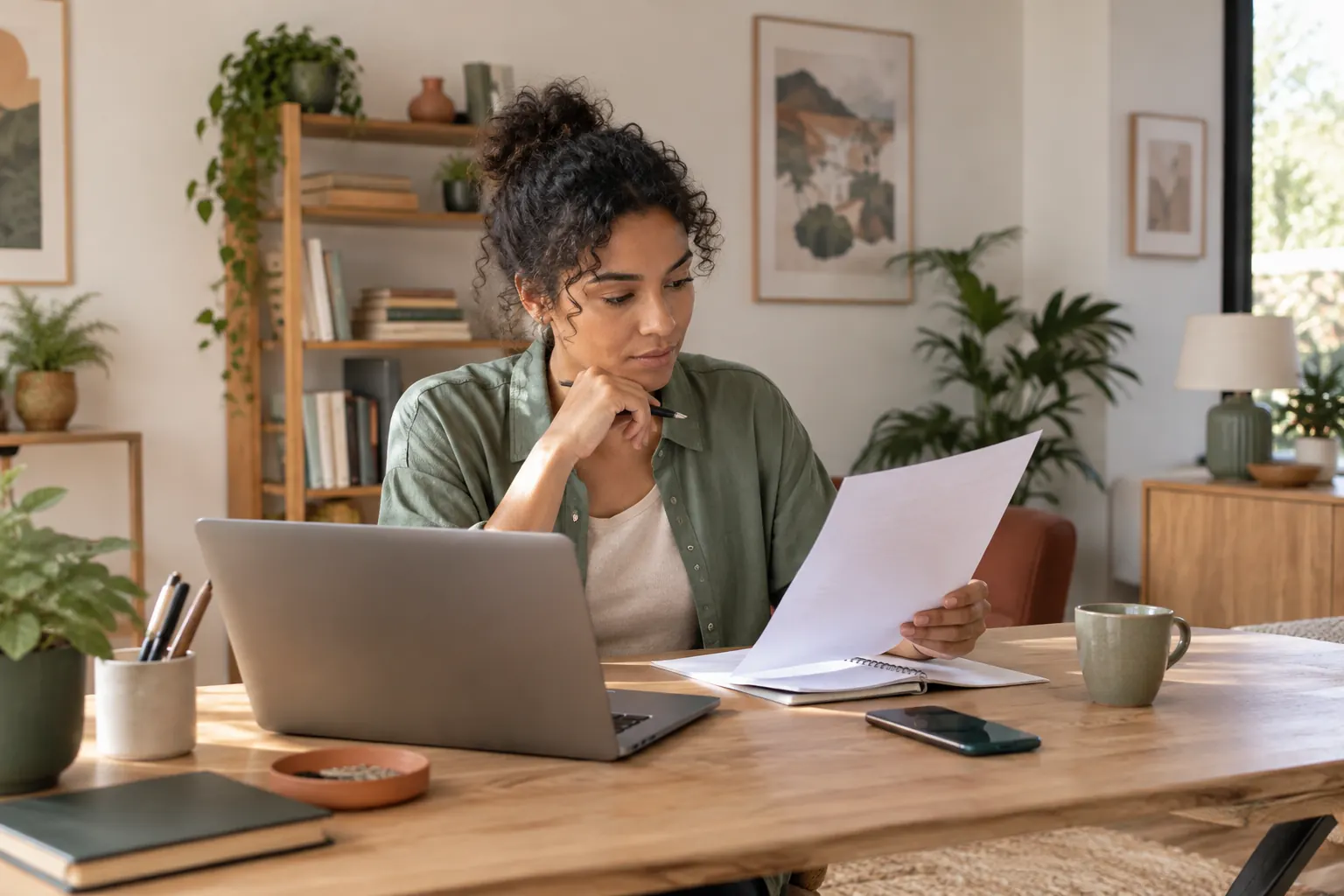 Une professionnelle consulte ses documents de candidature dans un espace de travail privé