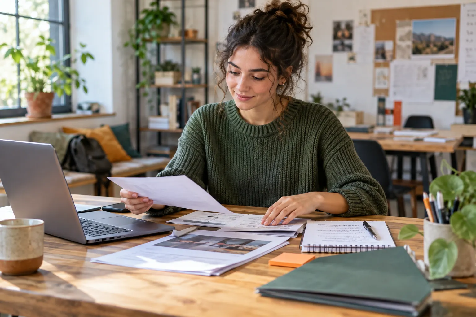 Une jeune candidate organise ses projets et ses compétences pour préparer son premier emploi
