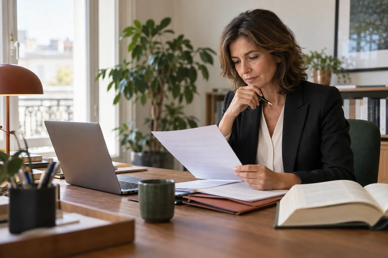 Une personne consulte des documents juridiques