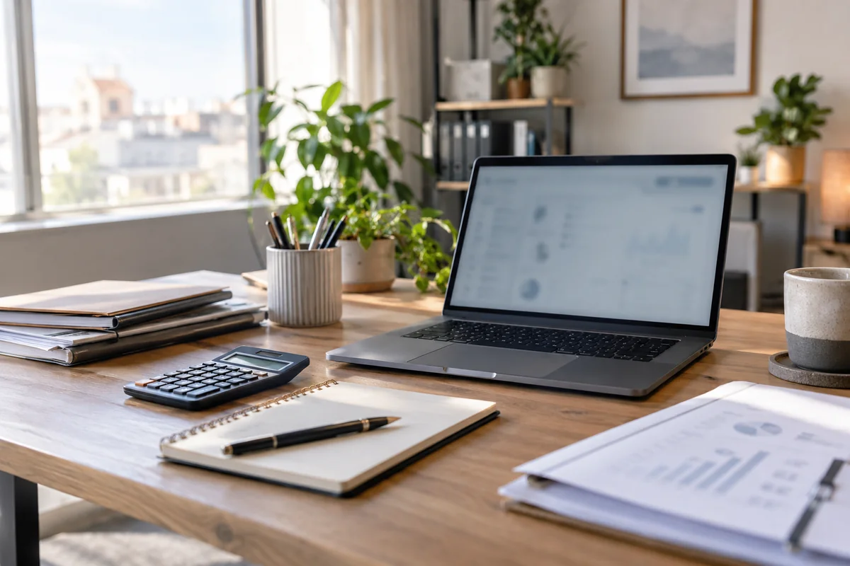 Un bureau équipé d’un ordinateur portable, d’une calculatrice et d’un carnet.