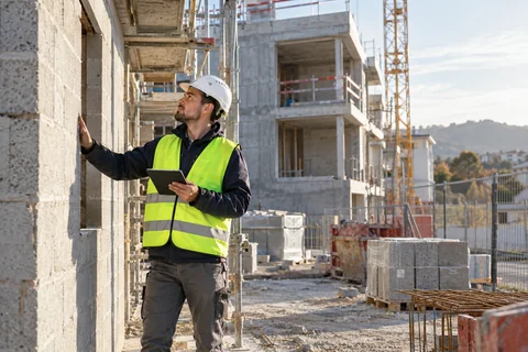 Un professionnel équipé d’un casque inspecte un chantier de construction.