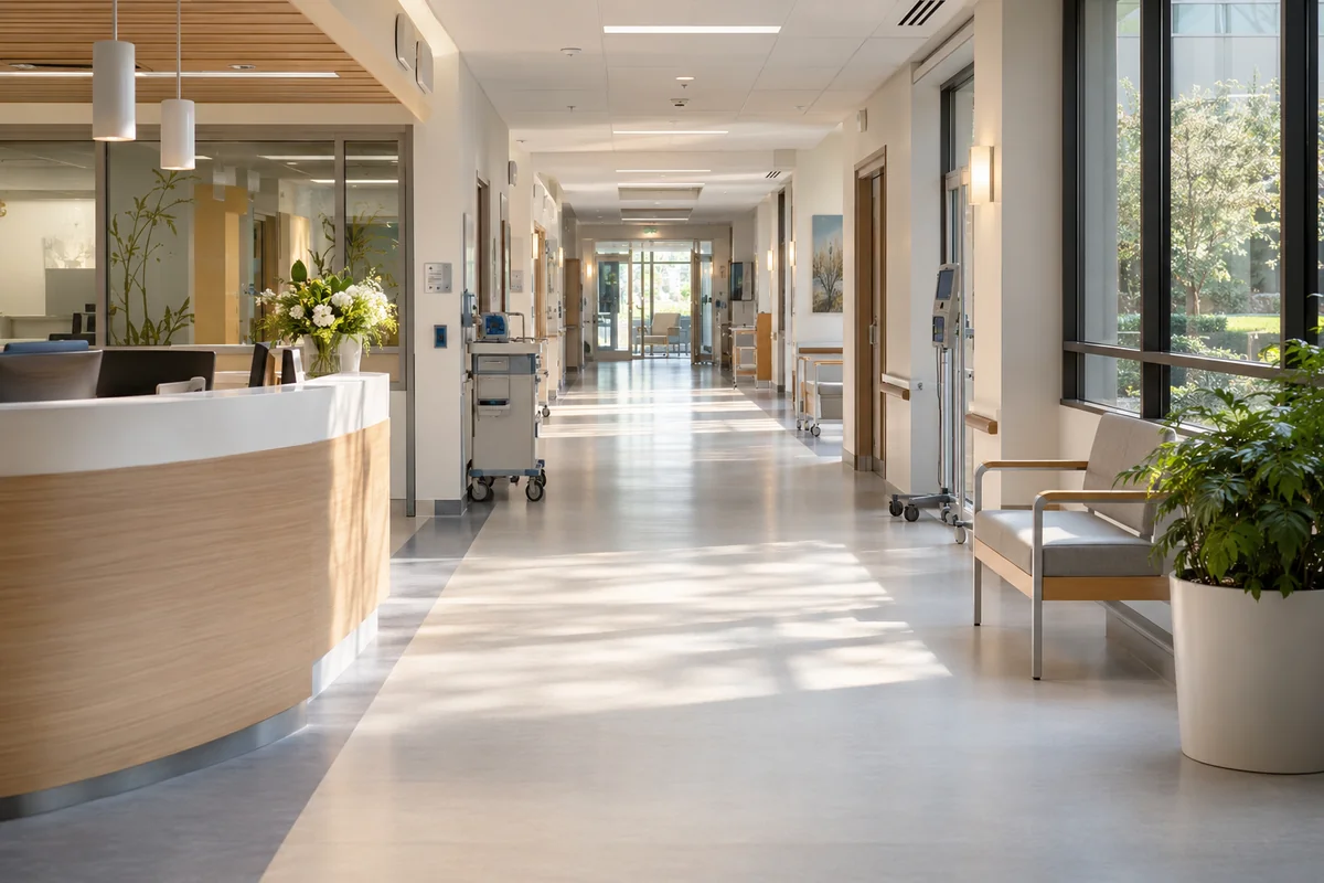 Couloir lumineux d’un établissement de santé fictif.