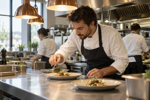 Un cuisinier dresse un plat dans une cuisine professionnelle.