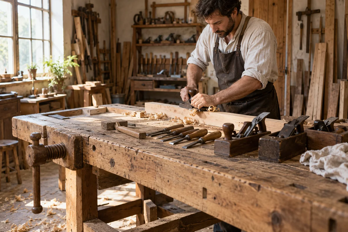 Évocation fictive d’un établi traditionnel de menuisier et de ses outils manuels.