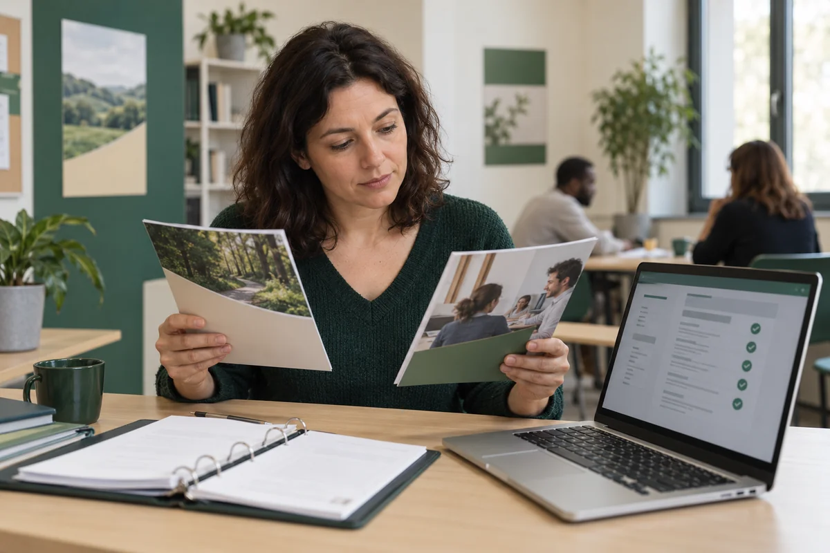 Une personne compare des programmes de formation et une fiche de certification. Illustration IA ; scène fictive.