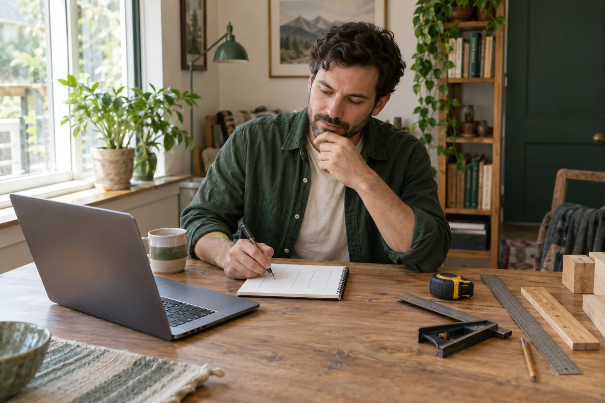 Une personne compare des activités de bureau et d’atelier. Illustration IA ; scène fictive.