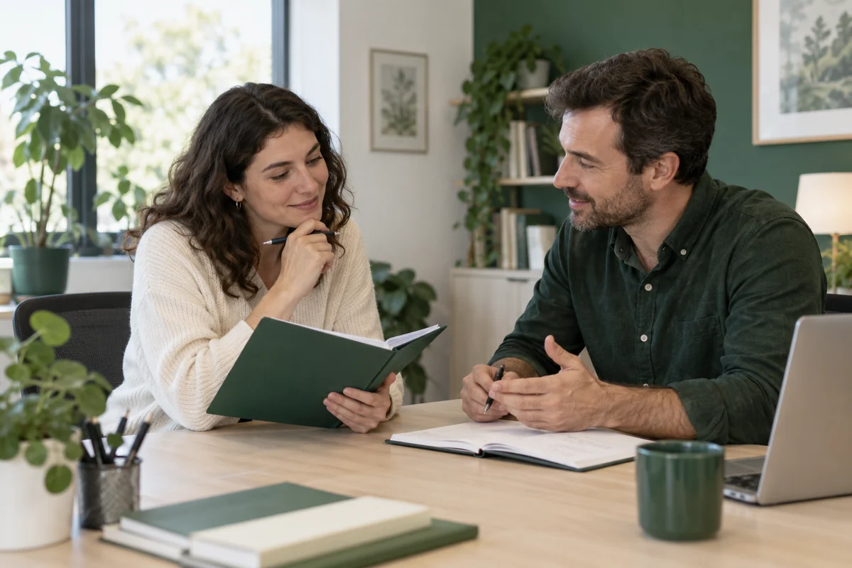 Une candidate examine son dossier et ses questions avec une conseillère. Illustration IA ; scène fictive.
