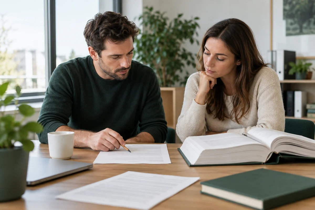 Deux collègues examinent une fiche de poste et un document de référence. Illustration IA ; scène fictive.