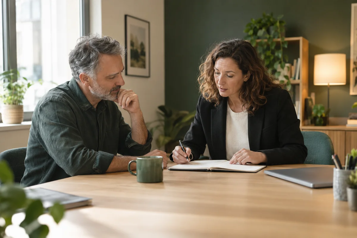Une personne examine une situation professionnelle avec une conseillère. Illustration IA ; scène fictive.