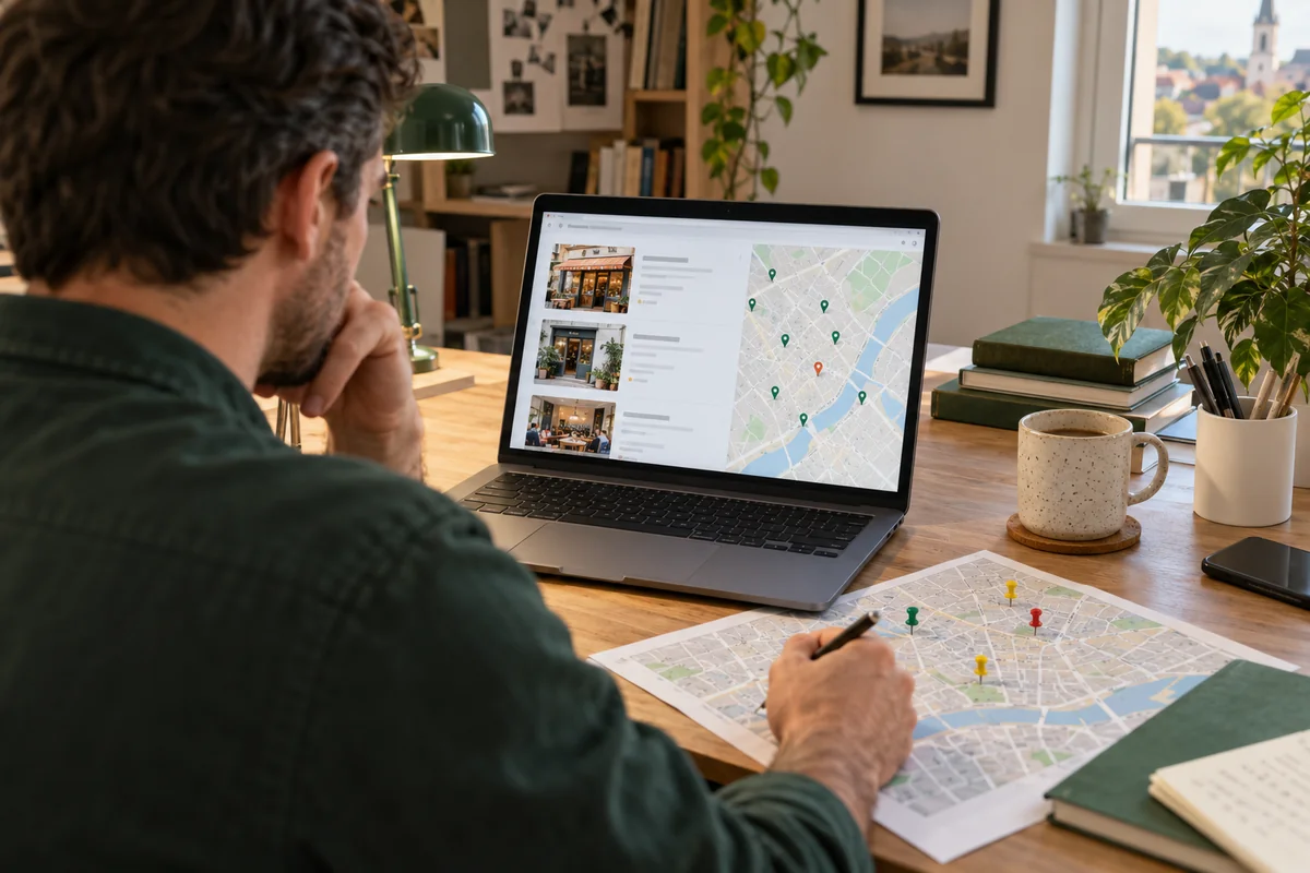 Une personne croise une carte de quartier et des informations d’entreprises sur un ordinateur. Illustration IA ; scène fictive.