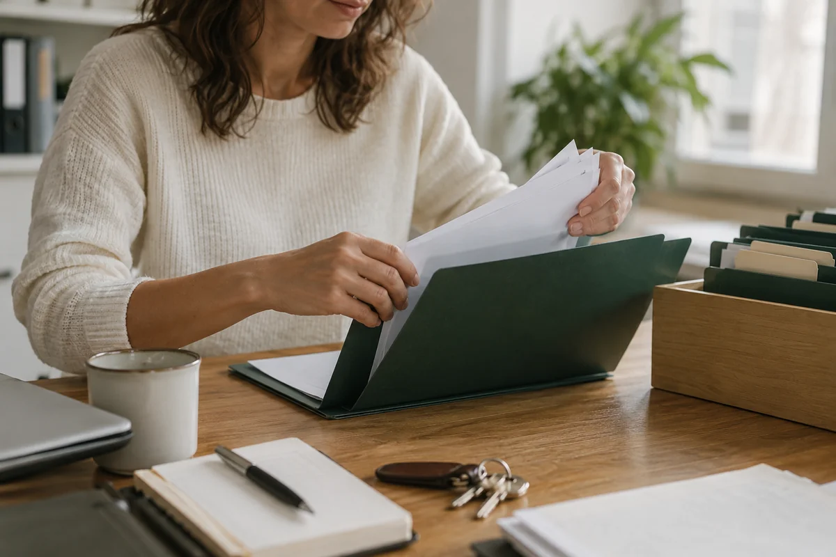 Des documents de fin de contrat sont rangés dans des dossiers. Illustration IA ; scène fictive.