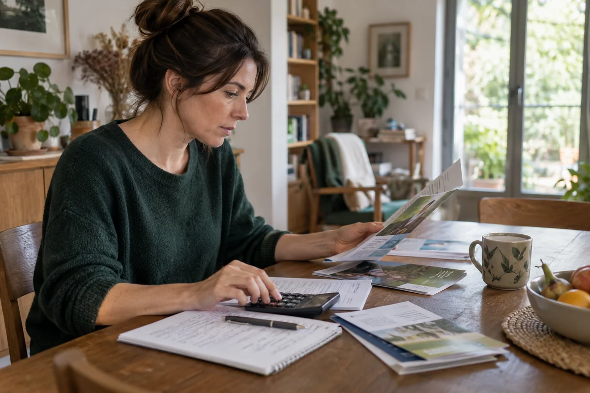 Une personne compare un programme de formation avec son budget. Illustration IA ; scène fictive.
