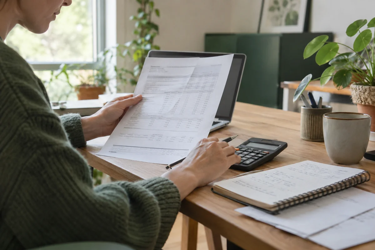 Des montants et documents de paie sont vérifiés avec une calculatrice. Illustration IA ; scène fictive.