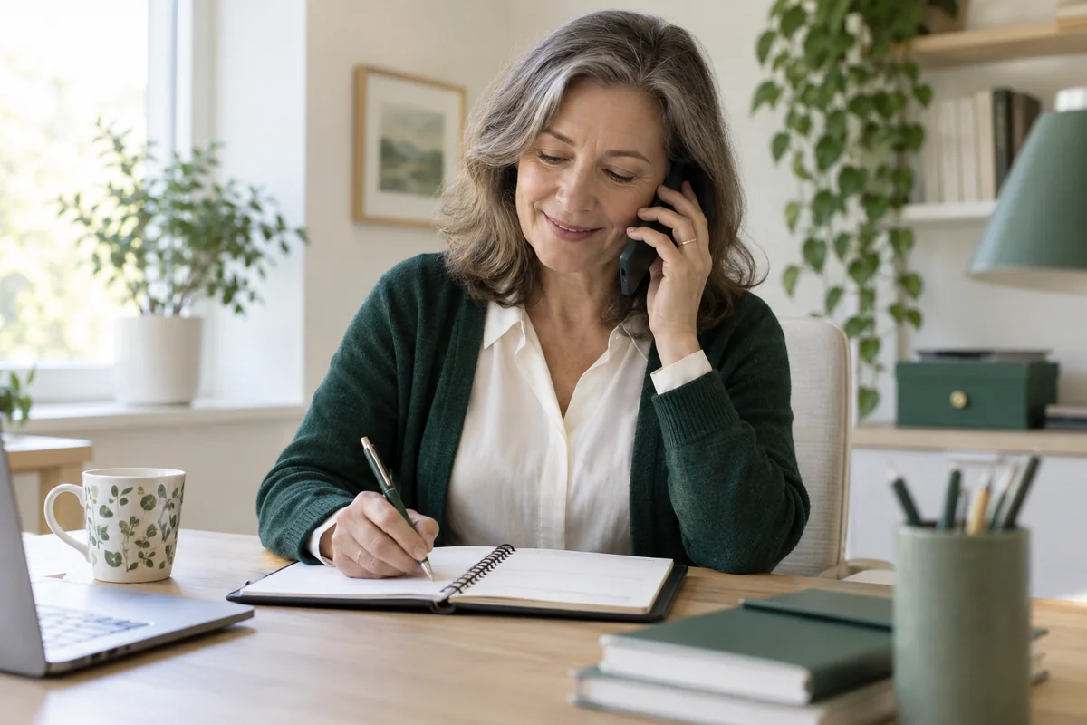 Une personne contacte un interlocuteur professionnel par téléphone. Illustration IA ; scène fictive.