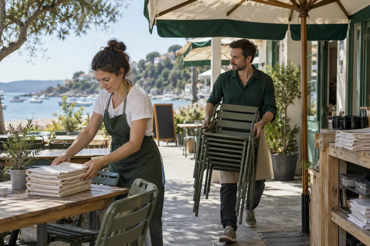 Une équipe prépare la terrasse d’un café avant le service. Illustration IA ; scène fictive.