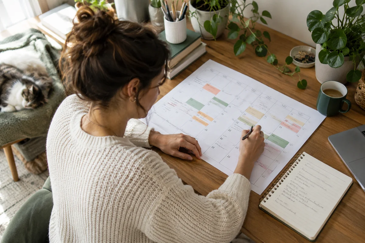 Une personne organise une semaine de travail sur un calendrier. Illustration IA ; scène fictive.