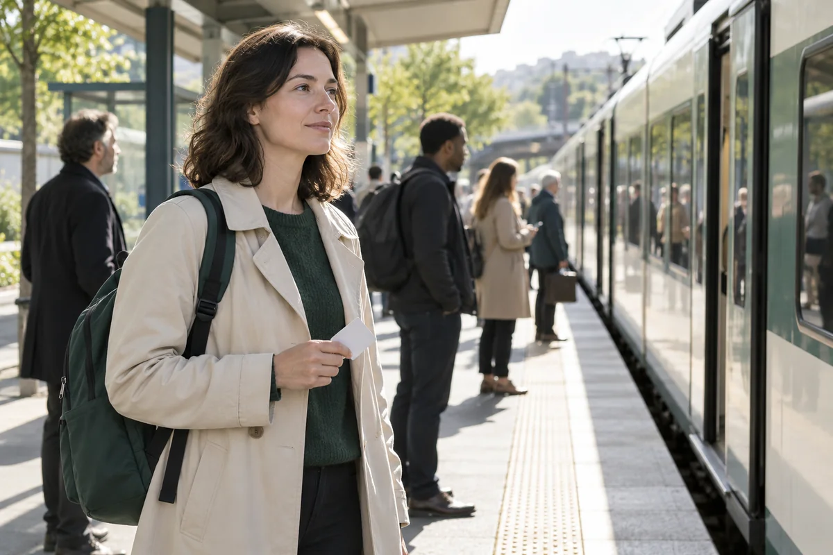 Une personne attend un train pour son trajet quotidien vers le travail. Illustration IA ; scène fictive.