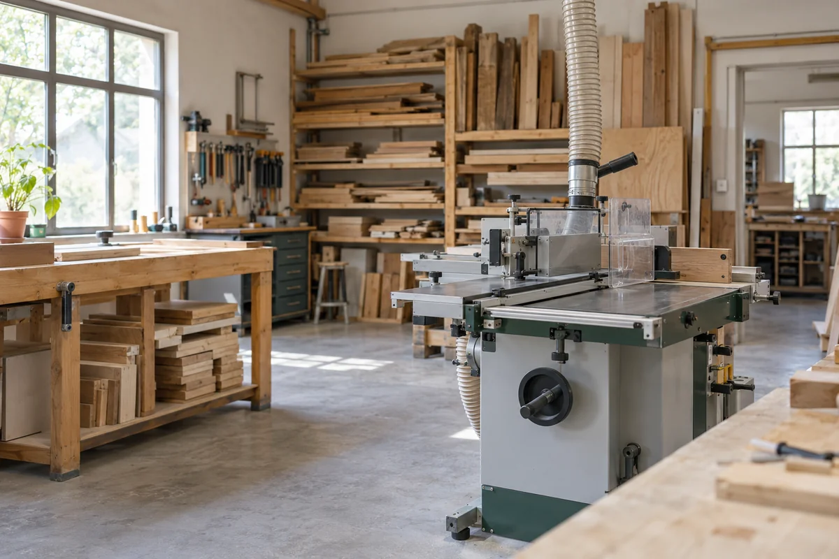 Une machine de travail du bois à l’arrêt dans un atelier de menuiserie.