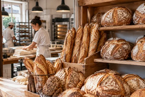 Baguettes et pains artisanaux dans une boulangerie fictive.