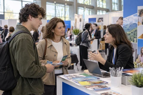 Deux visiteurs échangent avec une conseillère lors d’un salon d’orientation fictif.