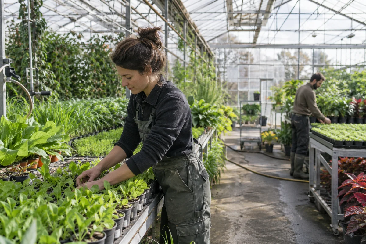 Une horticultrice s’occupe de jeunes plants dans une serre.