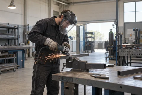 Un professionnel travaille une pièce métallique sur un établi avec un écran de protection.