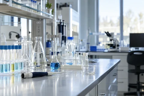 Verrerie, pipettes et équipements sur une paillasse de laboratoire.
